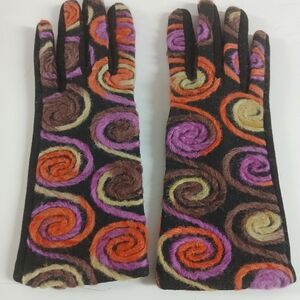 Women’s Black Touchscreen Gloves Abstract Swirl Embroidered Artsy Multicolor New